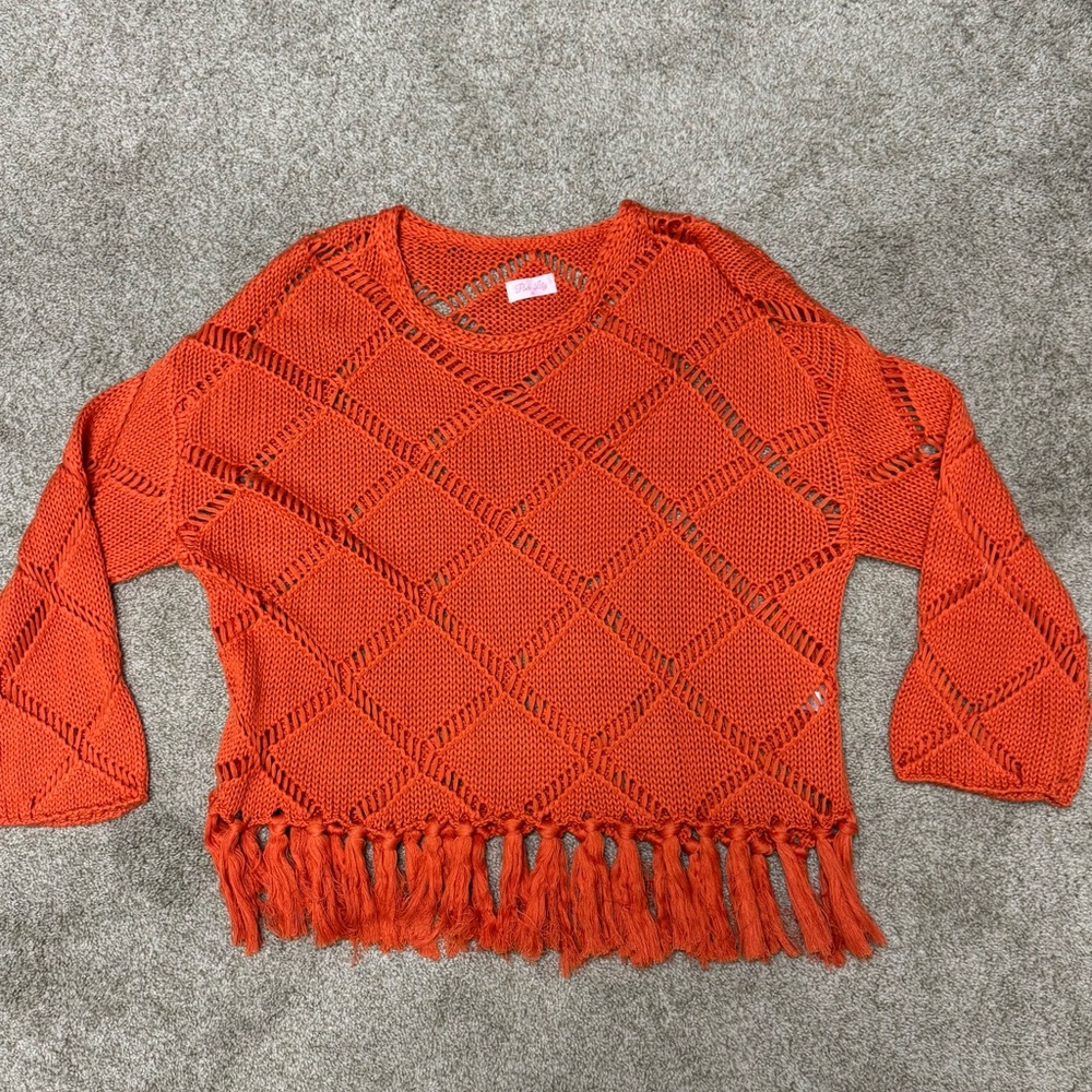 Pink Lily V-Neck Orange Sweater with Fringe NWOT!!